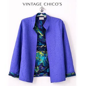 Vintage Chico’s Blue Purple Textured Jacket Art Deco Silk Blazer Size 2 Large
